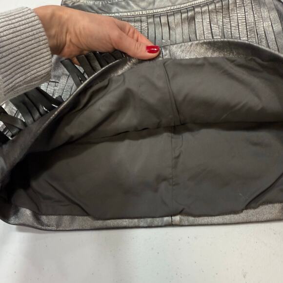 AllSaints Aisha Leather Fringe metallic mini Skirt Size 4 - Picture 5 of 9